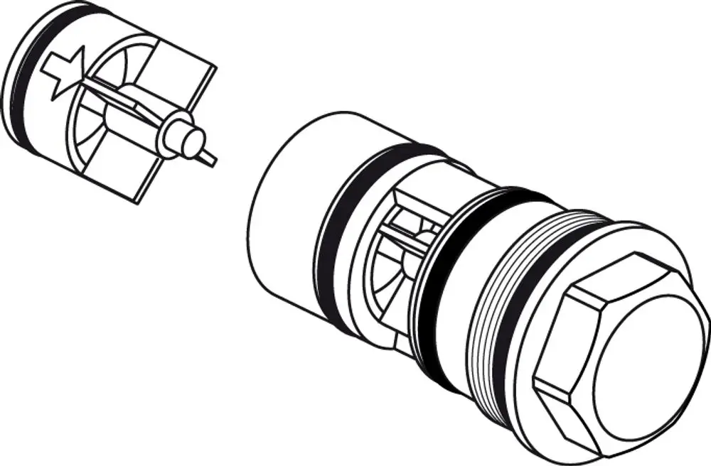 Schematische Darstellung einer Rückflussverhinderer-Einheit von Ideal Standard, bestehend aus einem Gehäuse und einem inneren Mechanismus zur Verhinderung von Rückfluss.